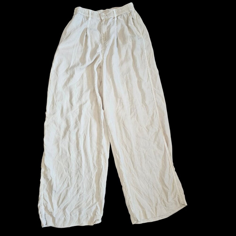 Aerie Pleated Wide Leg Trousers Lyocell Stretchy Waist Sz XS Baggy Pockets Cream